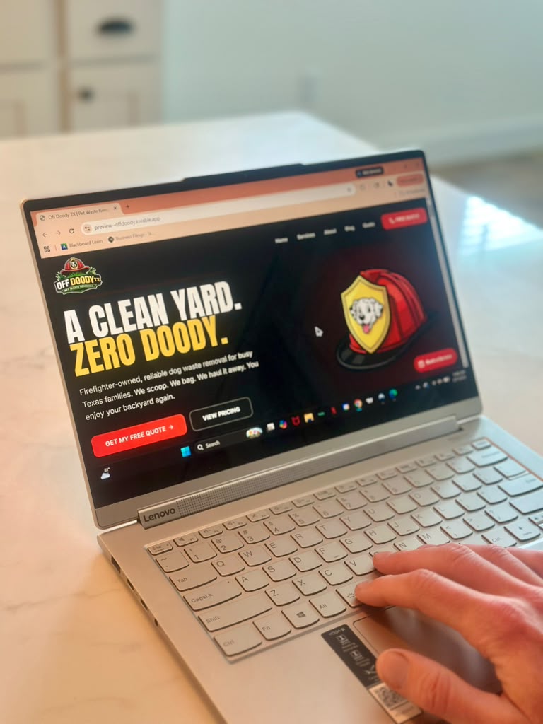 Off Doody technician providing a free yard estimate at a Texas home